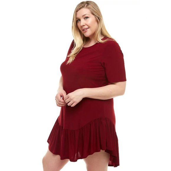 Azules US made Plus Size High Low Mini Dress with Ruffle Hem, 1XL,2XL,3XL, Wine - Picture 2 of 2